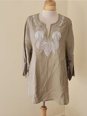 Sympli 2X tan embroidered tunic 100% linen top. Size L